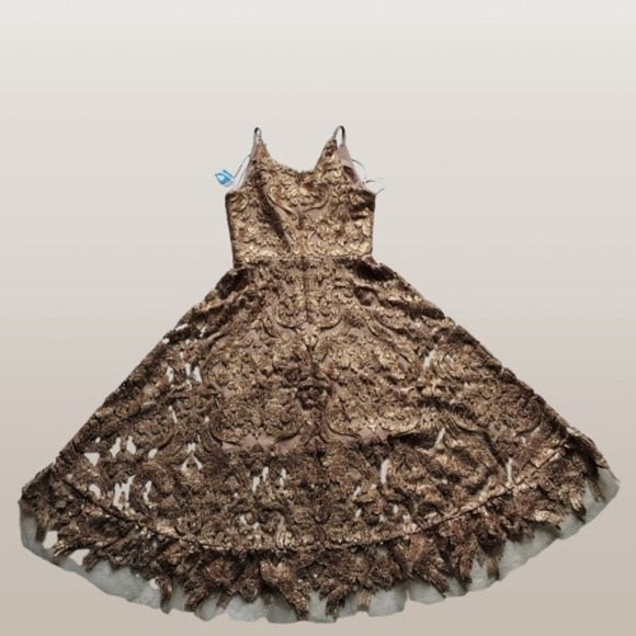 New No Tags Dress the population Gold Lace Fit & Flare Midi Dress Cocktail XS - Picture 3 of 3